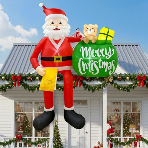 GUDELAK 2,44 m aufblasbare Weihnachtsdeko für draußen, Kletternder Weihnachtsmann aufblasbarer Weihnachtsmann Gartendekoration mit LED-Lichtern, Sitzender Weihnachtsmann Deko draußen für Garten, Dach