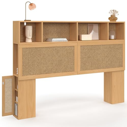 IDMarket - Kopfteil EDHEN 145 cm mit geschlossenen Ablagen und Nischen Rohrgeflecht und Holz