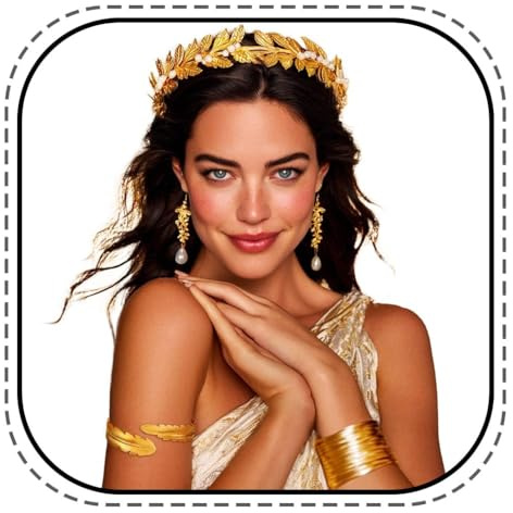 Evlry 4 Stück Griechische Göttin Kostüm Zubehör Set Hochzeits Brautschmuck Goldene Lorbeerblatt-Krone Stirnband Oberarmreif, Armband, Ohrringe, Schmuck für Frauen