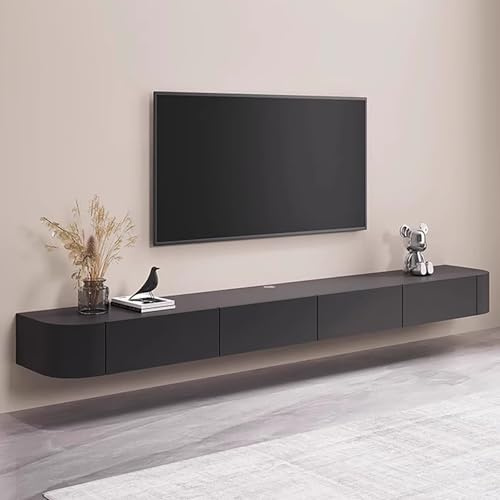 Schwebender TV-Schrank aus schwarzem Massivholz mit Schubladen, wandmontierte Medieneinheit für das Wohnzimmer, stilvolle TV-Bank mit verstecktem Kabelmanagement (30 cm Tiefe, 220 cm Breite)
