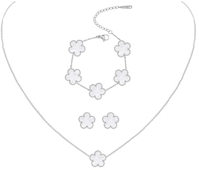 JYIXXZX Vierblättriges Kleeblatt Schmuck Set Silber Edelstahl Zweiseitig Vierblättriges Anhänger Halskette Ohrringe Armband Glücksklee Emaille Schmuck Set Geschenke für Damen und Mädchen