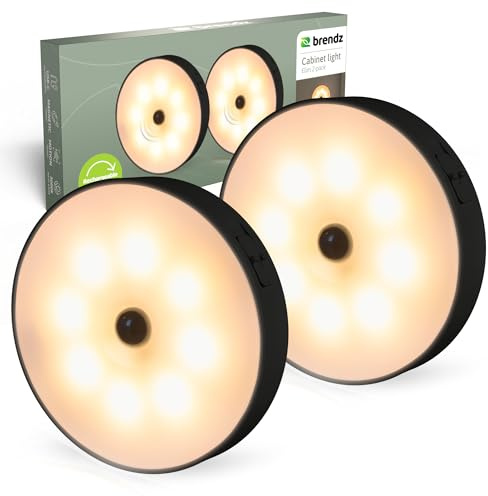 Brendz Rundes LED Schranklicht mit Bewegungsmelder, USB-C Wiederaufladbar, Magnetisch, 2 Stück, Warmweiß 3000K, Led Spot Akku, Kabellose Schrankbeleuchtung, Sensor Licht, Treppenbeleuchtung, schwarz