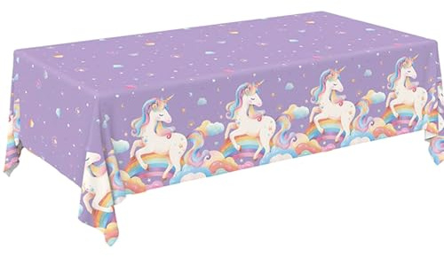 Ovanda 137 x 274 cm Lila Einhorn Tischdecke, Einhorn Partyzubehör, Geburtstag Tischdecke, Perfekte Unicorn Geburtstagsdekorationen, Unicorn Thema, Einhorns Geburtstag Geschirr,Unicorns Tischdeko Party