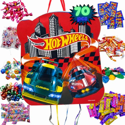 Piñata Hot Wheels + Pack 70 Chuches Sin Gluten y Juguetes Piñata - Piñata Cumpleaños - Hot Wheels Cumpleaños - Piñata - Relleno Infantil Hotwheels - Chuches Fiesta PARTY4EVER