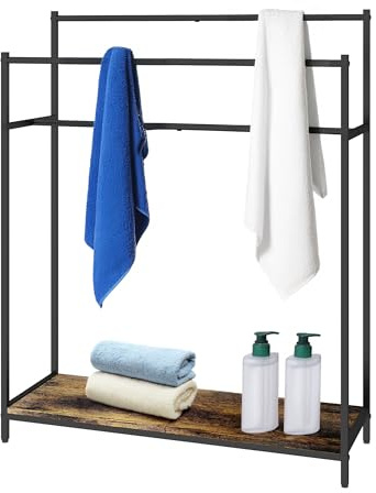 Relaxdays Handtuchständer mit Ablage, HBT: 100x82x29 cm, Industrial, 3 Stangen, Handtuchhalter stehend, braun/schwarz