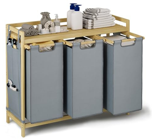Blishom Wäschekorb 3 Fächer, 150L Bambus Wäschesammler, Wäschesack, Grau | Mit Ablage, kleine seitliche Taschen, Abnehmbaren Wäschebox, Wäscheregal für Schlafzimmer Waschküche, 94x33x78 cm