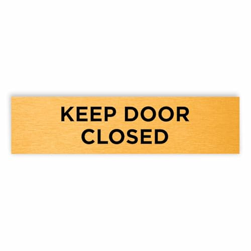 Slimline Aluminium Keep Door Closed Sign from ViroDisplay® – Brushed Gold 200 x 50mm – Durable Printed Surface – Self-Adhesive Fixing