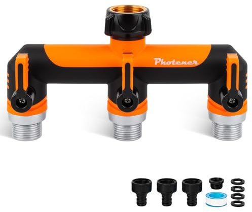 Photener Wasserverteiler 3 Wege 3/4 Zoll mit 44mm Langen Hebeln 4,6cm Abstand für Bewässerungsuhr Verteiler 3fach Messingkern Gummiert für Gartenbewässerung Gartenschlauch