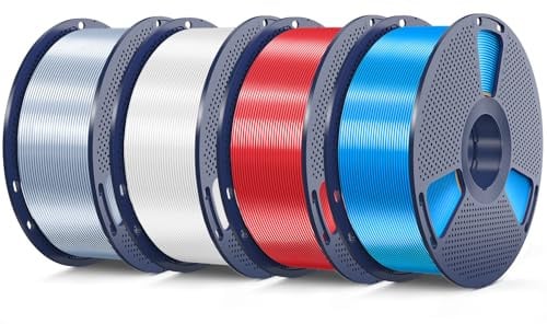 SUNLU 4KG Silk PLA+, 1kg por Carrete, 4 Rollos, Plata+Blanco+Rojo+Azul | Paquete de 4, Seda Metálica Brillante, Alta Resistencia, Paquete al Vacío