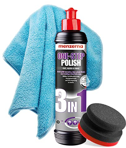 Detailmate Einsteiger Auto Politur Set - Menzerna Medium Cut Politur One-Step-Polish 3 in 1 + Garage Freaks Applikations Schwamm Polierpuk + Mikrofaser Poliertuch langflorig