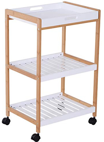HOMCOM Küchenrollwagen Küchenwagen rollbar Küchentrolley Servierwagen abnehmbares Tablett Bambus + MDF Weiß + Natur 46 x 35 x 74,5 cm