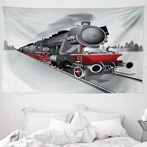 ABAKUHAUS Dampfmaschine Wandteppich und Tagesdecke, Bahnzug Kunst aus Weiches Mikrofaser Stoff Waschbar ohne Verblassen Digitaldruck, 230 x 140 cm, Grau Rot