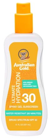 Australian Gold Spray Gel Sunscreen Moisturize Hydrate Skin, Broad Spectrum, Water Resistant, NonGreasyc, Oxybenzone Free, Cruelty Free, SPF 30, Coconut, 8 Ounce (A70892)