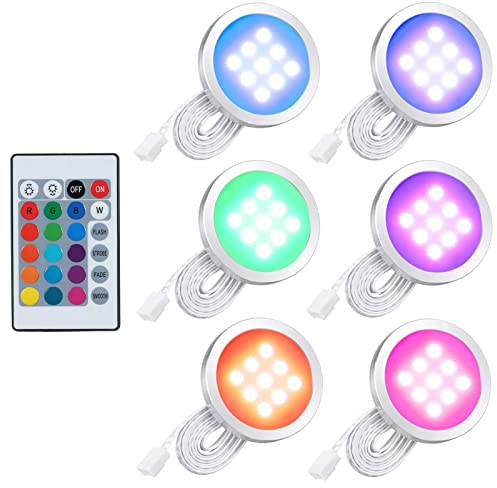 Lixada 6PCS RGB LED Kabinett Licht Installationssatz mit Fernbedienung für Bücherschrank Wandschrank, Dünne Runde Form Unterbauleuchte Farbändernde Dimmable Helligkeit Justierbar