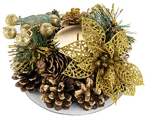 Homewit Adventskranz Ø15 cm Adventskerzenständer rund Kerzenständer Adventsgesteck Weihnachtsdeko Adventsdeko weihnachtliche Tischdeko mit mit Tannenzapfen und Blüten