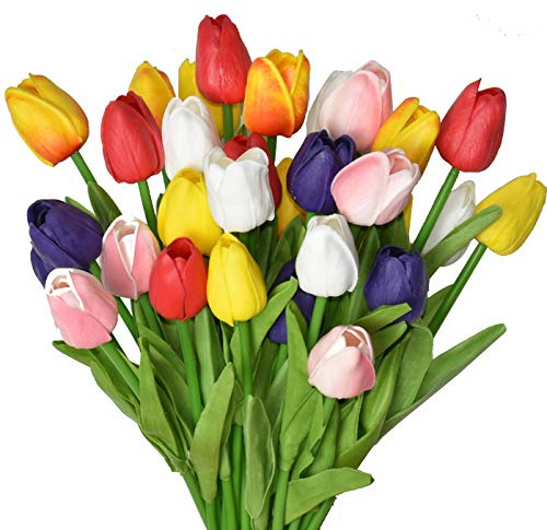 WISTART 24 tulipani artificiali multicolori, fiori finti in poliuretano, bouquet di tulipani realistici al tatto, composizione floreale per casa, ufficio, feste, matrimoni, ottima idea regalo per la