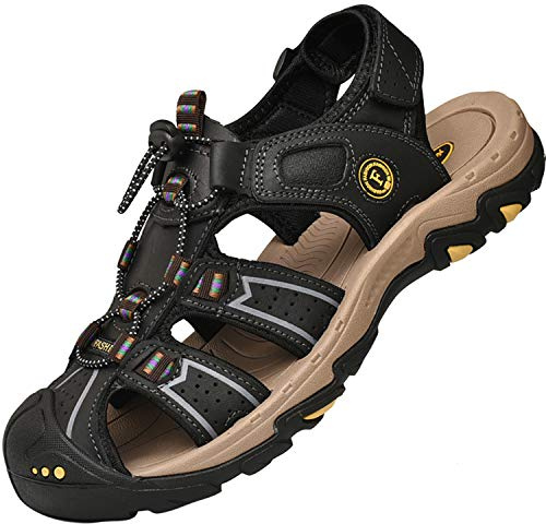 Lvptsh Men's Sports Outdoor Sandals Closed Toe Summer Beach Shoes Leather Casual Trekking Hiking Outdoor Sandals,Black,UK5