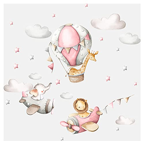 Little Deco Wandsticker Kinderzimmer Mädchen Tiere Flugzeuge I Rosa - 62 x 28 cm (BxH) I Wandtattoo Löwe Elefant Wandaufkleber Kinder Ballon Wolken DL246-5-M