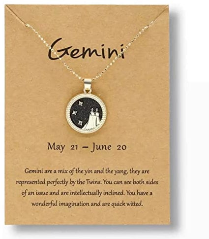 Gold Star Sign Coin Charm Pendant Chain Necklace – Night – Gemini (21st May - 21st June) - Zodiac Constellation Horoscope Celestial Astrology Jewellery - Women Men Gift