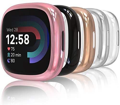 Hianjoo 5-PCS Screen Protectors Compatible with Fitbit Versa 4 / Sense 2 (2022), Slim TPU Plated Full Coverage Screen Bumper Cover Case Replacement for Fitbit Versa 4 / Sense 2
