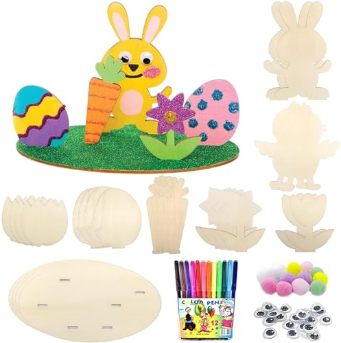 Hasen und Küken aus Holz zum Bemalen, 72 Stück Ostern Basteln Holz Set DIY Ostern Holz zum Malen Deko, Bastelzubehör Dekorationen mit Bunte Mini Pompons und Kulleraugen, Osterhase Kinder Bastelsets