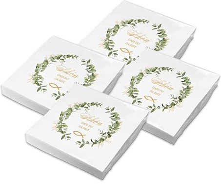 itenga Servietten Papier Fisch Schön dass du da bist 33 x 33 cm 3-lagig 80 Stück für Taufe Kommunion Konfirmation Jungen und Mädchen Eukalyptus Kranz grün gold weiß