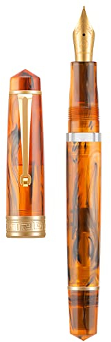 Asvine P20 Piston Fountain Pen Amber Resin, Iridium Extra Fine Nib Gold Trim Smooth Writer Collection with Case Set