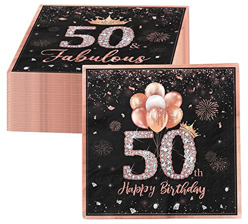 Servietten zum 50. Geburtstag, Party-Dekorationen für Frauen, 50 Jahre, Roségold-Krone, Einweg-Servietten, für Geburtstag, Getränke, Dessert, Kuchen, Tischdekoration, 2-lagig, 40 Stück