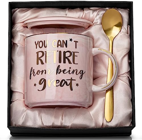 Funny Retirement Gifts for Women - You Can't Retire From Being Great - 14oz Pink Marble Retire Mug with Gold Print, Greeting Card, Happy Farewell Gifts for Retired Colleagues, Friends, Nice Gift Boxed