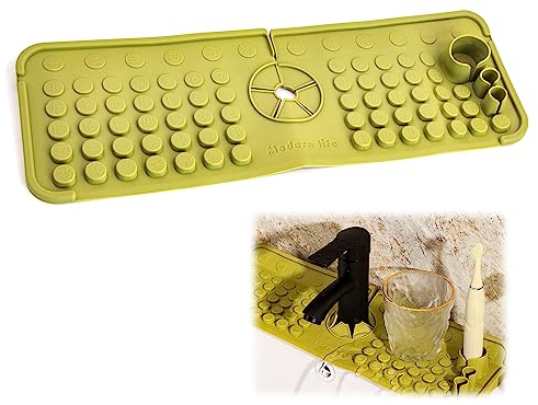 Alfombrilla Silicona para Grifo Cocina - Bandeja De Recogida Goteo Desagüe, Fregadero Cocina, Antigoteo Baño Que Atrapa El Agua Secar Encimeras, con Soporte Cepillo Dientes, Verde