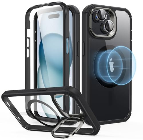 ESR for iPhone 15 Plus Case, Full-Body Shockproof MagSafe Case, Exceeds Military-Grade Protection, Magnetic Phone Case for iPhone 15 Plus, 2-Part Tough Case with Stand, Armor Series, Clear Black