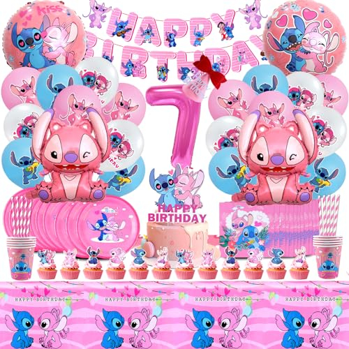 104 Pcs Stitc Anniversaire Decoration, Stitc Ballon Helium 7, Stitc Assiette et Gobelet, Stitc Serviette Papier Nappe Gateau Deco, Kit Anniversaire Ballon Vaisselle Enfant 7 Ans