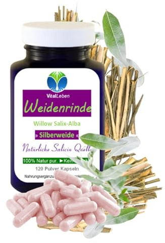WEIDENRINDE 120 Kapseln Silberweide Natürliches Schmerzmittel bei Kopfweh, Gelenk-, Rheuma, Migräne, Regel-Schmerzen. 100% NATUR pur - OHNE ZUSATZSTOFFE [Natürliche Salicin Quelle] 27360-120