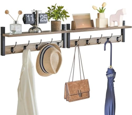 YMYNY Wandgarderobe Wandregal Hängeregal mit 10 Haken und Hängestange, 2er Set, stabil, für Flur, Schlafzimmer und Wohnzimmer, Silbergrau HWS004Y-2