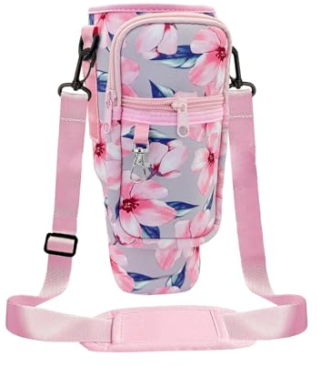 MultiValue Water Bottle Carrier Bag for Stanley Cup, Fashion Water Bottle Holder with Strap Phone Pocket, Water Bottle Pouch Bag Fits Stanley 40oz Tumbler for Walking and Hiking (Pink Flower)