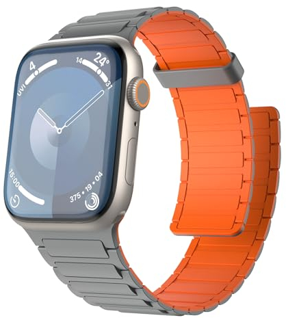 TiMOVO Correa magnética compatible con Apple Watch de 42/44/45/46/49 mm, correa de repuesto deportiva con imán fuerte para iWatch Ultra 2 Ultra SE2 SE Series 10 9 8 7 6 5 4 3 2 1,Gris/naranja