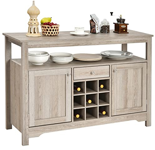 COSTWAY Kitchen Buffet Sideboard, Wooden Storage Cabinet with 9-Bottle Wine Grid Rack, Adjustable Shelf, 2 Doors, Drawer & 5 Legs, Freestanding Cupboard Console Table for Dining Living Room (Grey)