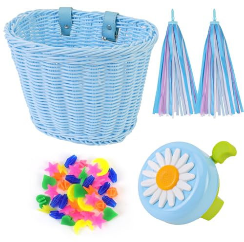 Oumers Kinder-Fahrradkorb-Set, Kinder-Fahrradklingel und Luftschlangen, Laufrad-Dekorationszubehör, Fahrradkorb, Radspeichenperlen für Mädchen (Blau)