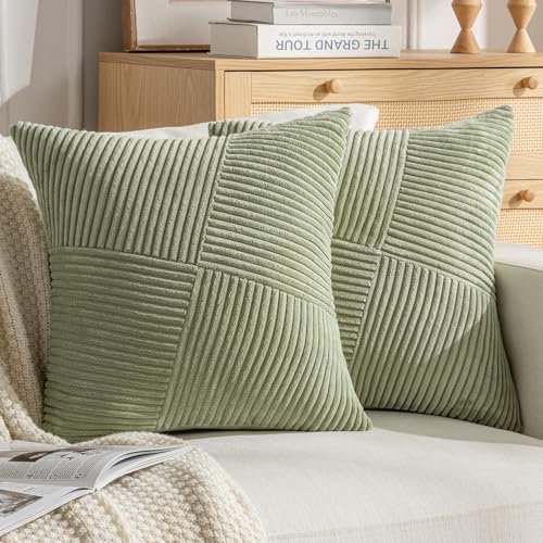 DecorMommt Taie Oreiller 40x40 Vert Herbe Velours Côtelé Rayé Housse Coussin Deco Interieur Maison Housses de Coussin Lot de 2 Moderne Housse de Coussin pour Salon Chambre Coussin de Canapé Décor