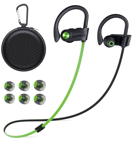 NUASI Bluetooth Headphones Wireless Earphones with Bluetooth 5.3 Wireless HD Deep Bass Stereo Sound Isolation IPX7 Waterproof Earphones for Running Sports, Green