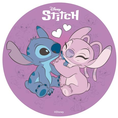 Dekora, Oblea Comestible de Stitch y Angel, Decoración para Tarta de Cumpleaños de Disney, Disco Redondo 20 CM