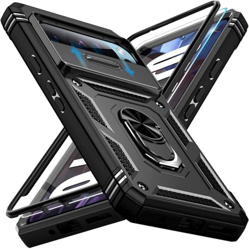 Giyer Schutzhülle für Google Pixel 9/9 Pro mit Schutzfolie, Kameraschutz 360° Metall Ring Ständer Stoßfest Bumper Tasche für Google 9 Case Cover (Schwarz)