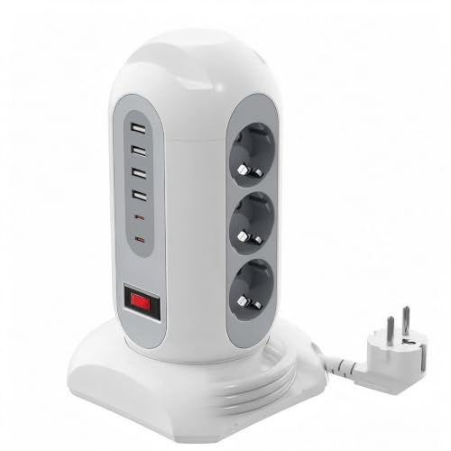 9‑Fach Steckdosenturm,6USB,Überlastschutz,einziehbares 1,65M Kabel | Kompaktes Turm‑Design spart Platz auf dem Tisch, geeignet für Büro, Wohnheim, Wohnzimmer und weitere Räume.