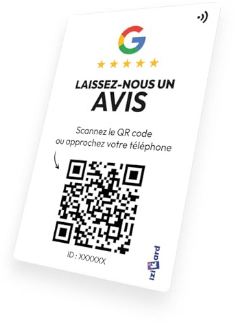 Carte NFC avis Google | QR Code + puce NFC pour collecter des avis clients | Format carte rigide | 100% personnalisée | Izikard | Facile à utiliser