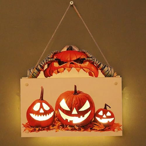Funmo Targhetta per Porta di Halloween con Zucca illuminata Cartello da Appendere in Legno di Halloween, Appeso Segno Wooden,Decorazioni per Porte,Finestre,Pareti,Feste a Tema (B)