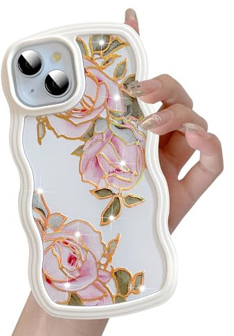 UEEBAI for iPhone 15 Case, Floral Wave Frame Cute Curly Anti-slip Flower Case with Aesthetic Pattern, TPU Slim Bumper Shockproof Protective Cover for Women Girls - Pink Rose
