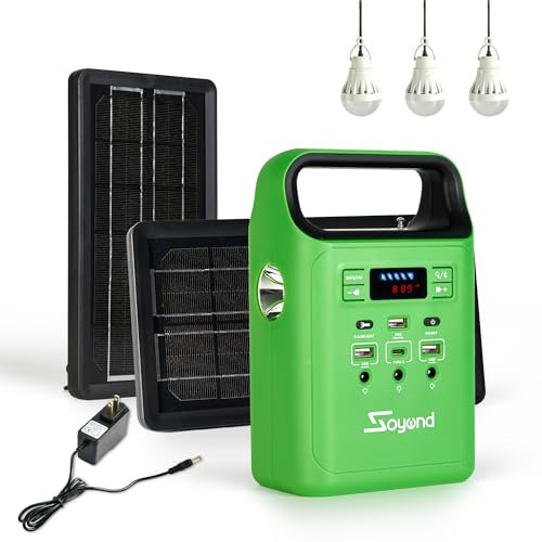 Portable Power Station with Solar Panels Included, Solar Generator with 3 LED Bulbs, USB Ports, Type-C Port, Support Bluetooth, FM Radio for Camping, Fishing, Emergency, Home Blackout