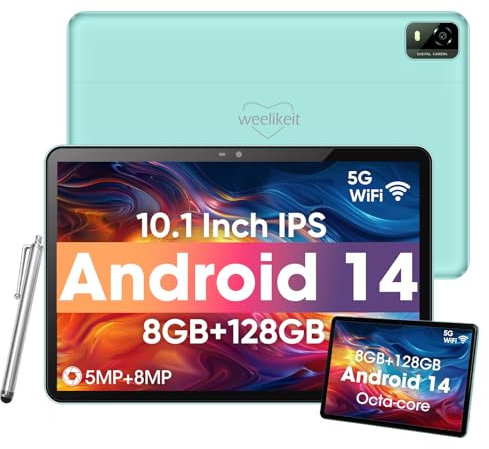 Weelikeit tablet Android, tablet da 10 pollici con touch screen HD 1280 x 800, 8 GB RAM+128 GB ROM (fino a 1 TB), batteria da 6000 mAh, 5 G WiFi 6, Bluetooth 5.0, doppia fotocamera da 5 MP+8 MP,