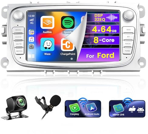 Hikity 8 Core 4+64G Radio Android para Ford Focus C-MAX S-MAX Mondeo Galaxy Inalámbrico Carplay Android Auto, 7'' Pantalla Táctil Autoradio con Bluetooth 5.0 32EQ DSP GPS WiFi FM RDS SWC Cámara
