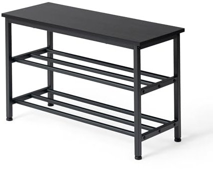 FetiNes Schuhregal mit Sitzbank, 3 Ebenen, Schuhbank mit Holzplatte, Metall, für Wohnzimmer, Garderobe und Flur, Schwarz